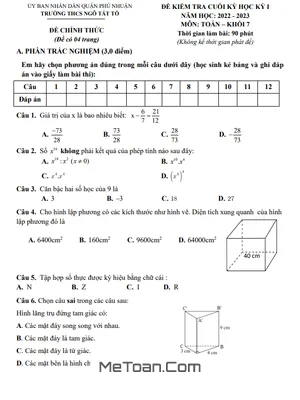 Đề thi học kì 1 Toán 7 năm 2022 - 2023 trường THCS Ngô Tất Tố - TP.HCM