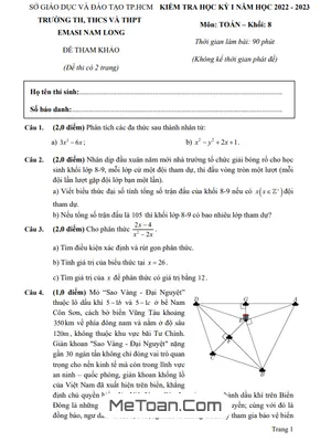 Đề tham khảo học kỳ 1 Toán 8 năm 2022 – 2023 trường EMASI Nam Long – TP HCM