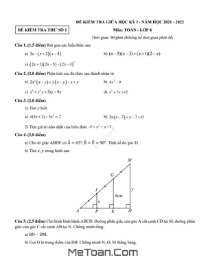 05 Đề Ôn Tập Kiểm Tra Giữa Học Kỳ 1 Toán 8 Năm Học 2021 - 2022