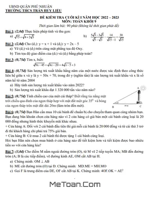 Đề thi học kì 1 Toán lớp 9 năm 2022 - 2023 trường THCS Trần Huy Liệu - TP HCM