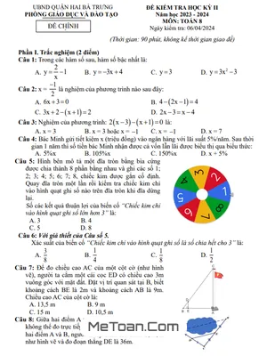 Đề thi học kỳ 2 Toán 8 năm 2023 - 2024 phòng GD&ĐT Hai Bà Trưng - Hà Nội