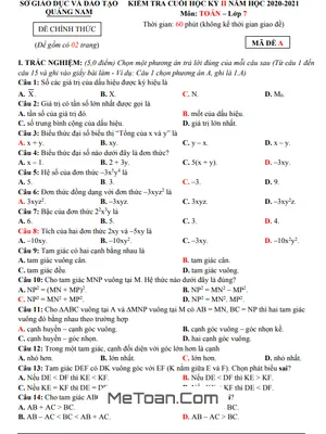 Đề thi cuối học kỳ 2 Toán 7 năm 2020 - 2021 sở GD&ĐT Quảng Nam