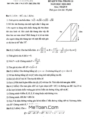 Đề kiểm tra Toán 9 tháng 11 năm 2022 trường THCS Nguyễn Trường Tộ - Hà Nội