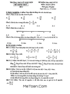 Đề Thi Học Kỳ 2 Môn Toán Lớp 6 Năm 2021 - 2022 Trường THCS Lê Ngọc Hân - Hà Nội