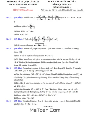 Đề thi giữa kì 1 Toán 9 năm 2020 – 2021 trường THCS Archimedes Academy – Hà Nội