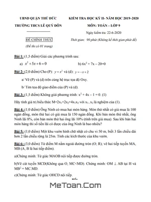 Đề thi HK2 Toán 9 năm 2019 - 2020 trường THCS Lê Quý Đôn - TP HCM