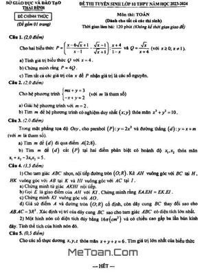 Đề thi tuyển sinh lớp 10 môn Toán năm 2023 - 2024 Sở GD&ĐT Thái Bình