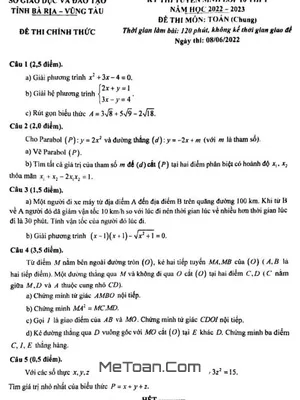 Đề thi tuyển sinh lớp 10 môn Toán (chung) năm 2022 - 2023 Sở GD&ĐT Bà Rịa - Vũng Tàu