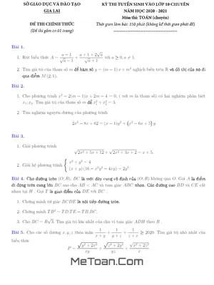 Đề thi tuyển sinh lớp 10 chuyên Toán Sở GD&ĐT Gia Lai năm học 2020 - 2021
