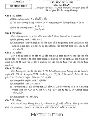 Đề thi tuyển sinh lớp 10 THPT môn Toán năm 2017-2018 - Sở GD&ĐT Ninh Bình