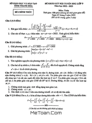 Đề khảo sát đội tuyển HSG Toán 9 năm 2022 – 2023 sở GD&ĐT Thanh Hóa
