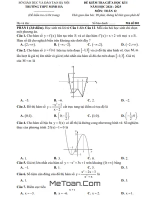 Đề giữa kì 1 Toán 12 năm 2024 - 2025 trường THPT Minh Hà - Hà Nội