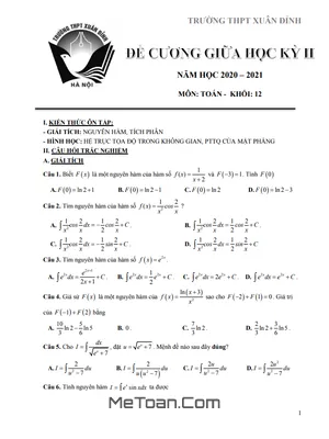 Đề Cương Ôn Tập Giữa Kỳ 2 Môn Toán Lớp 12 Năm 2020 - 2021 Trường THPT Xuân Đỉnh - Hà Nội