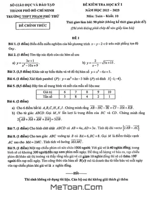 Đề thi học kỳ 1 Toán 10 năm 2022 - 2023 trường THPT Phạm Phú Thứ - TP.HCM