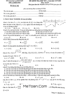 Đề thi HK1 Toán 12 năm học 2019 - 2020 sở GD&ĐT Thừa Thiên Huế