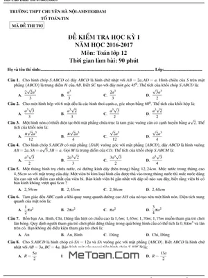 Đề thi HK1 Toán 12 năm 2016 - 2017 trường THPT chuyên Hà Nội - Amsterdam