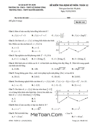 Đề kiểm tra Toán 12 năm 2023 trường Nguyễn Khuyến & Lê Thánh Tông – TP HCM