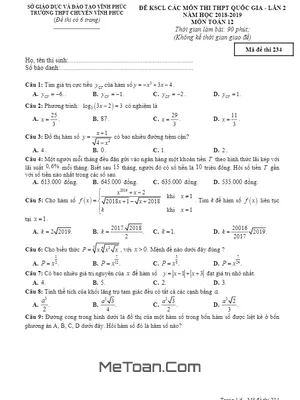 Đề KSCL Toán 12 Ôn Thi THPT Quốc Gia 2018 - 2019 Trường Chuyên Vĩnh Phúc Lần 2