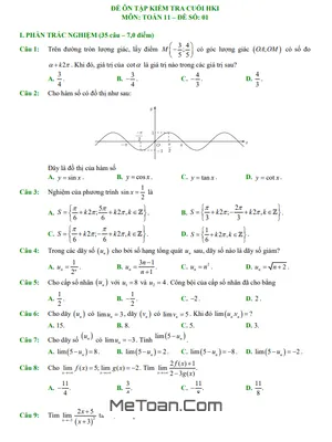 10 Đề Ôn Tập Kiểm Tra Cuối Học Kì 1 Toán 11 Cánh Diều (70% TN + 30% TL)
