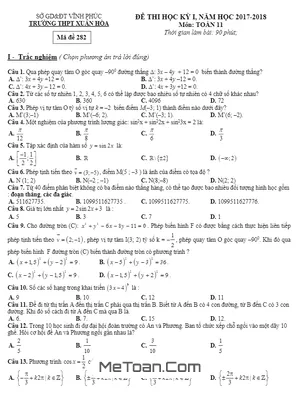 Đề thi HK1 Toán 11 năm học 2017 - 2018 trường THPT Xuân Hòa - Vĩnh Phúc (có đáp án)