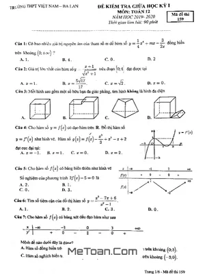 Đề thi giữa kỳ 1 Toán 12 năm 2019 - 2020 trường Việt Nam - Ba Lan - Hà Nội