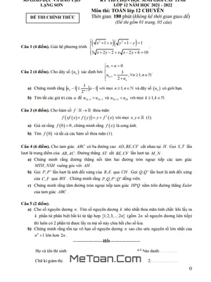 Đề thi chọn học sinh giỏi cấp tỉnh môn Toán 12 chuyên năm 2021 - 2022 sở GD&ĐT Lạng Sơn