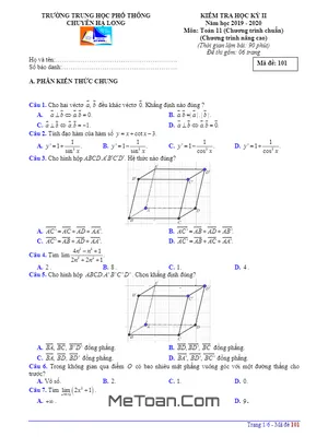 Đề thi học kỳ 2 Toán 11 năm 2019 - 2020 trường THPT chuyên Hạ Long - Quảng Ninh