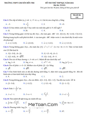 Đề thi thử THPTQG 2021 môn Toán trường THPT chuyên Bến Tre - Mã đề 132
