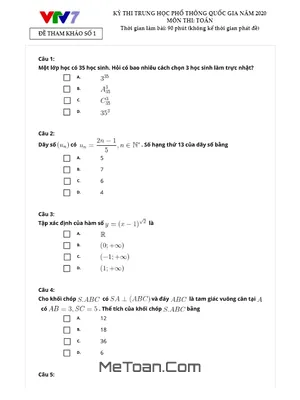 Đề thi thử THPT Quốc gia 2020 môn Toán kênh VTV7 (Đề 1)