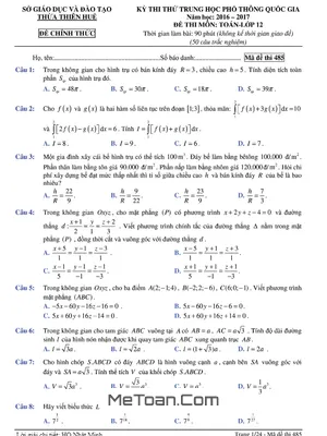 Tổng hợp Đề thi thử THPT Quốc gia 2017 môn Toán sở GD&ĐT Thừa Thiên Huế có lời giải