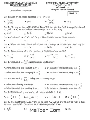 Đề thi kiểm định chất lượng lần 1 môn Toán lớp 12 trường THPT Nhã Nam – Bắc Giang