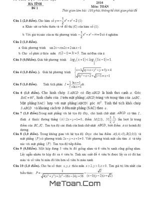 Đề thi thử số 1 THPT Quốc gia 2016 môn Toán trường THPT Lý Tự Trọng – Hà Tĩnh
