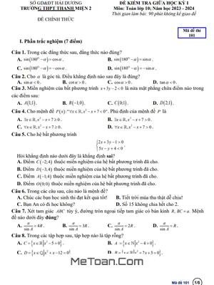 Đề giữa học kỳ 1 Toán 10 năm 2023 – 2024 trường THPT Thanh Miện 2 – Hải Dương