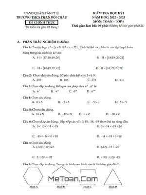Đề thi học kì 1 Toán lớp 6 năm 2022 - 2023 trường THCS Phan Bội Châu - TP HCM