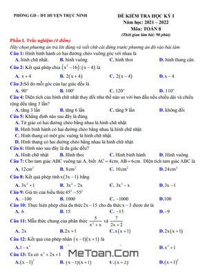 Đề thi học kì 1 Toán 8 năm 2021 - 2022 phòng GD&ĐT Trực Ninh - Nam Định