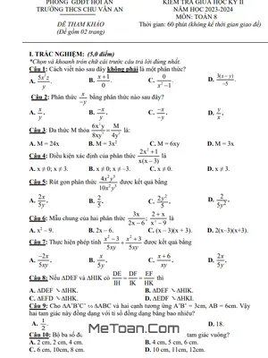Đề Tham Khảo Giữa Kỳ 2 Toán 8 Năm 2023 - 2024 Trường Chu Văn An - Quảng Nam
