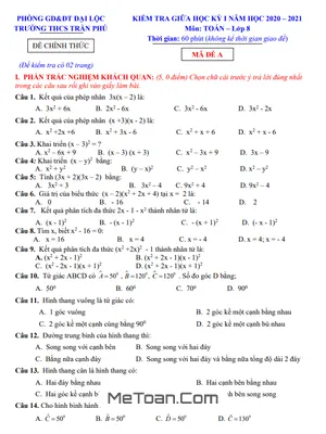 Đề kiểm tra giữa học kỳ 1 Toán 8 năm 2020 - 2021 trường THCS Trần Phú - Quảng Nam