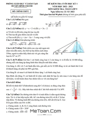 Đề thi học kì 1 Toán 9 năm 2022 - 2023 phòng GD&ĐT Bình Chánh - TP.HCM