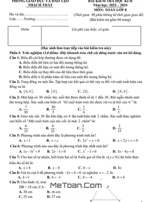 Đề thi học kì 2 Toán 8 năm 2023 - 2024 phòng GD&ĐT Thạch Thất - Hà Nội