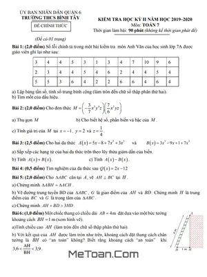 Đề thi học kì 2 Toán lớp 7 năm 2019 - 2020 trường THCS Bình Tây - TP HCM