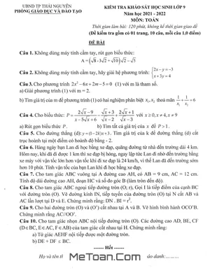 Đề khảo sát Toán 9 năm 2021 - 2022 phòng GD&ĐT thành phố Thái Nguyên