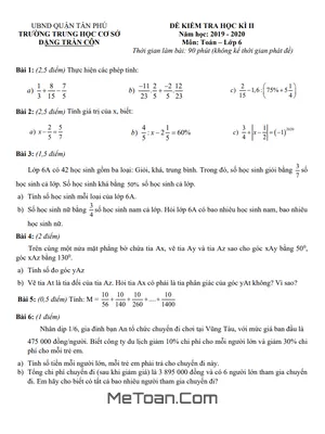 Đề thi học kì 2 Toán lớp 6 năm 2019 - 2020 trường THCS Đặng Trần Côn - TP HCM (có đáp án)
