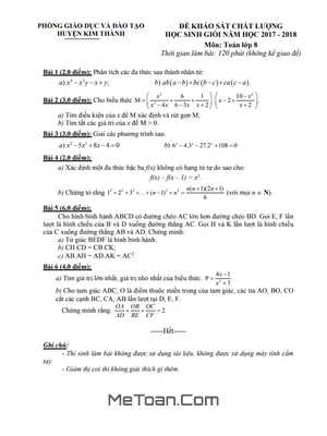 Đề thi học sinh giỏi Toán 8 năm 2017 - 2018 phòng GD&ĐT Kim Thành - Hải Dương