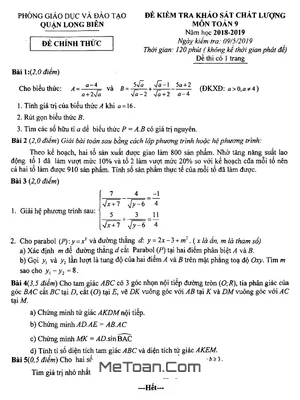 Đề kiểm tra Toán 9 năm 2018 - 2019 phòng GD&ĐT Long Biên - Hà Nội
