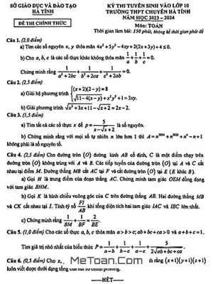 Đề Thi Vào Lớp 10 Môn Toán Chuyên Hà Tĩnh Năm 2023 - 2024
