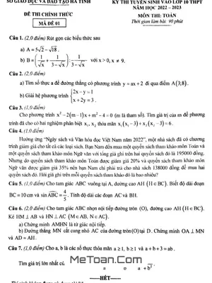 Đề thi tuyển sinh lớp 10 môn Toán năm 2022 - 2023 Sở GD&ĐT Hà Tĩnh