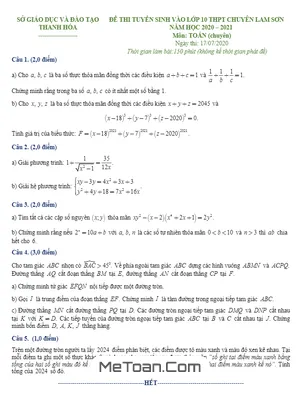 Đề thi vào lớp 10 môn Toán trường THPT chuyên Lam Sơn - Thanh Hóa năm 2020 - 2021
