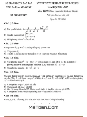 Đề thi tuyển sinh lớp 10 THPT chuyên Toán 2017 - Sở GD&ĐT Bà Rịa - Vũng Tàu