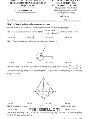 Đề thi cuối kỳ 1 Toán 11 năm 2025 – 2026 trường THPT Phùng Khắc Khoan – Hà Nội