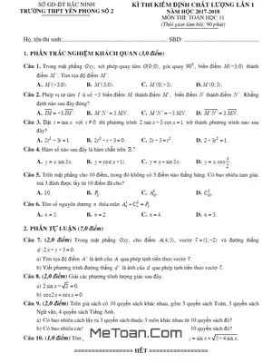 Đề kiểm định chất lượng Toán 11 lần 1 năm 2017-2018 trường THPT Yên Phong 2 - Bắc Ninh (có đáp án)
